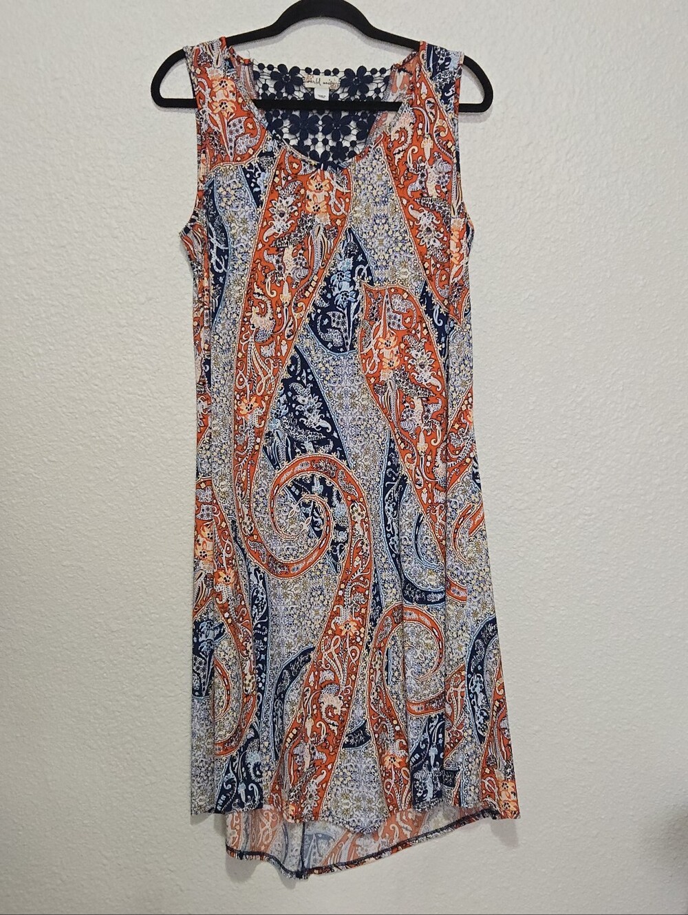World Unity Paisley Sleeveless Midi Shift Dress - Crochet Lace Back - Size L
